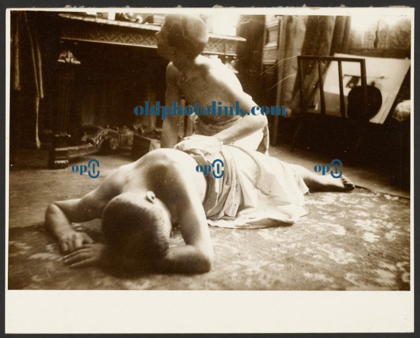 Two Semi Nude Men on Floor of Studio 1911