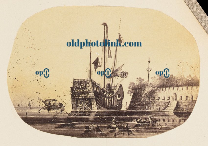 Photographic Copy of a Drawing of a Moored Ship Next to a Fort 1864