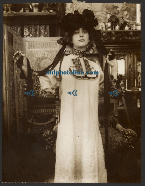 Female Model in a Long White Robe and a Hat with Ribbons, Paris 1899